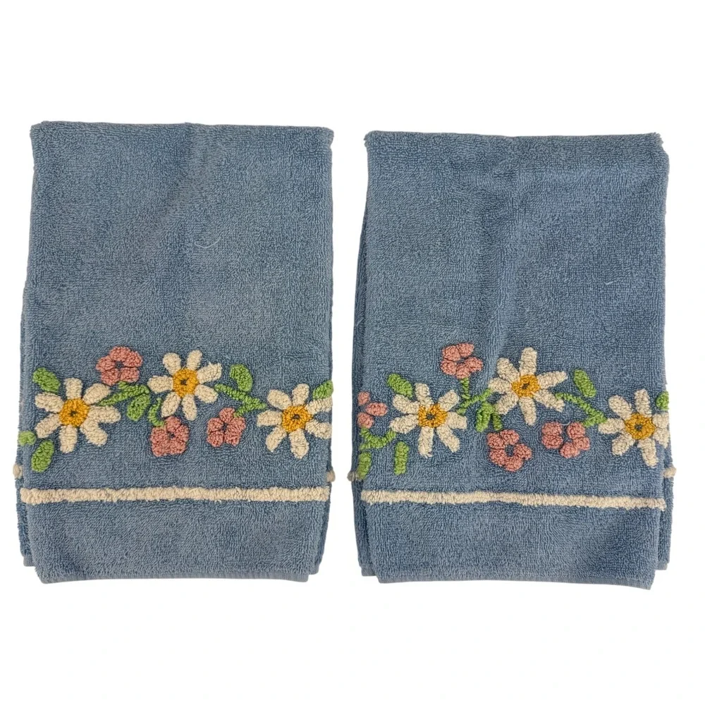 Vintage Martex Hand Towels Set 3 Blue Yellow Embroidered Floral Daisy Cotton